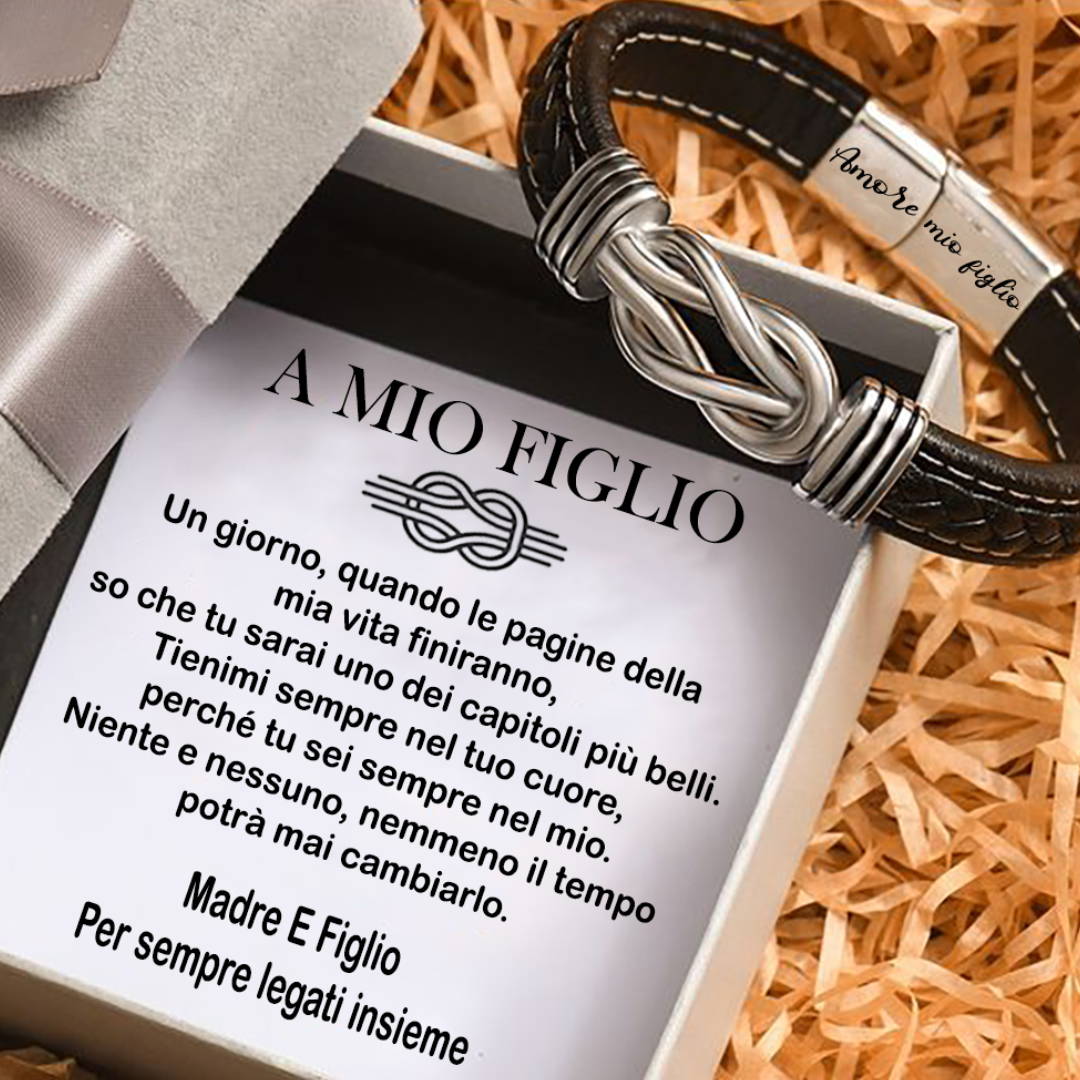 Bracciale Uomo 'Al Mio Figlio' In Acciaio E Pelle - Chiusura Magnetica, Regalo Emozionale Per Figli - Foto 2